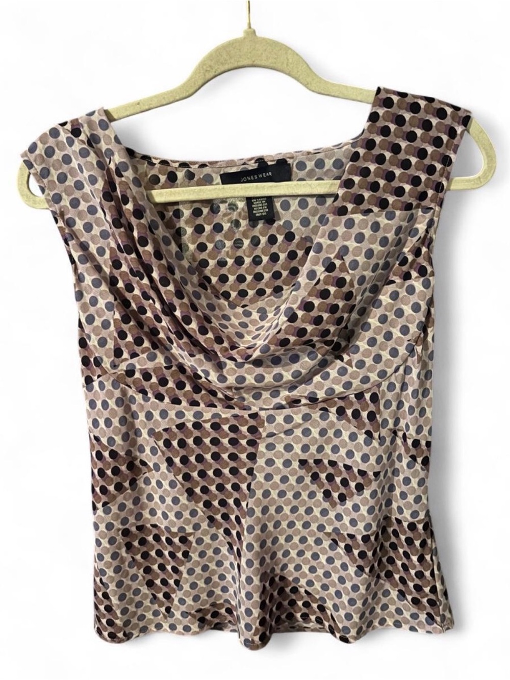 Jones New York Sleeveless Cowl Neck Polka Dot Top - Taupe/Black